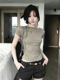 Vintage Retro Strap Slanted Shoulder Short-Sleeved T-Shirt For Summer 2026 New Slimming Hottie Small Top