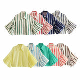 Women's Clothing Spring 2025 New Loose Casual Striped Lantern Sleeve Short Shirt Lady Top