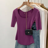 2026 Early Spring Explosion Gray U-Neck Short-Sleeved T-Shirt Women's Commuting Summer New Niche Super Beautiful Thinch Waist