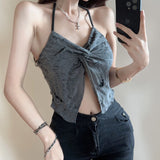 2025 Korean Version Of The Locomotive Time Tamame Gray Pink Strap Hanging Neck Sling Vest Short Babes Retro Umbilly Sleeveless