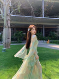 French Green Mesh Sling Dress Women's Summer Seaside Holiday Temperament To Repair Height And Waist-Coat Long Skirt