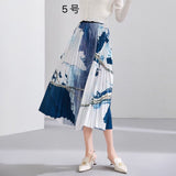 2025 New High-Rise Half-Dress Woman Tight Waist Ink Print Design Sense A-Character Skirt In The Long Folded Skirt
