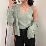 2026 Korean Version Of Spring And Summer New Women's Cool Sack Vest Open Shirt Loose Sun Protection Shirt Knit Two Sets Of Tops