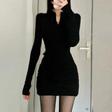 2025 Solid Color Long Sleeves Autumn And Winter Zipper Half-High Collar Femininity Short Dress Black-Clad Hip Temperament Dress
