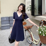 2026 New Large-Size Blue V-Neck French Waist Polo Dress Women's Summer Dress Fat Mm Thin