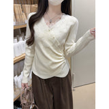 2025 Autumn And Winter Korean Version Pure Desire Gentle Nails Heavy Industry Lace V Collar Andy Velvet Knitted Bottom Shirt Top