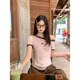 Vintage Slanted Shoulder T-Shirt Girl Summer Slimming Design Feel Shoulder-To-Shoulder Top