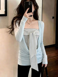 Korean Hottie Style Striped Bra Long Sleeve T-Shirt T-Shirt Girl Spring Huge Slim Slim Thin Two-Set Top