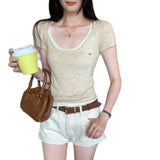 Sweet And Gentle Wind Shoulder U Collar Two Short-Sleeved T-Shirt Women's Summer 2026 New Burst Small Short Top