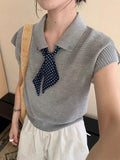Grey Short-Sleeved T-Shirt Women 2026 New Summer Loose Ribbon Polo Shirt Temperament Thin Ribbon Knitting Top
