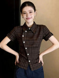 Vintage Curry Plaid Short-Sleeved Shirt Women 2026 Summer Super Fire Age Repairolo Collar T-Shirt Top