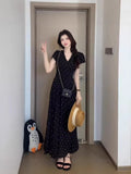 High Sensational Temperament V-Neck Waist Dress 2026 New French Black Wave Dot Short-Sleeved Dress Dress Women's Summer
