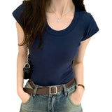 2026 Early Spring Basic U-Neck Shoulder Short-Sleeved T-Shirt Women's Summer Elastic Bottom Shirt Slim Slim Simple Top