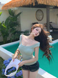 Pure Lustful Windy U-Necked Short-Sleeved T-Shirt Girl 2026 Summer Elastic Repair With Chest Cushions Thin Waist Green Top