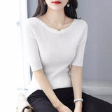 High-Grade Black Shoulder Round-Neck Short-Sleeved Knitted Shirt Women's New 2026 Summer Shoulder Ice Refresher Bottom Top