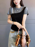 2026 Summer New Round Collar Fashion Colliding Short-Sleeved T-Shirt Women's Small Slim Slimming Commuting Top