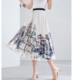 2025 New High-Rise Half-Dress Woman Tight Waist Ink Print Design Sense A-Character Skirt In The Long Folded Skirt