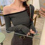 2026 Early Spring Hottie Slanted Shoulder Design Gray Striped Long-Sleeved T-Shirt Women In Early Autumn To Play Bottom Shirt