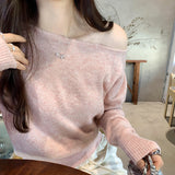 2026 Early Spring Gentle Wind Side-Slope Shoulder-Shaped Collar Wool Knitted Sweater Women Autumn And Winter On The Waist