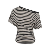 Spice Girls Crash Striped Slanted Shoulder Short Sleeve T-Shirt Women's Summer Design Sense Of Small Loose Slim Bottom T-Shirt