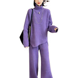 Purple High-Collar Knitted Casual Sports Suit Women's Autumn And Winter New Thick Loose Sweater Broad Leg Pants Two Sets Of Tide