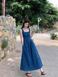 Blue Sleeveless Cowboy Sling Dress Women's Spring And Summer New Square Neck-Upid Thin French Temperament Long Dress