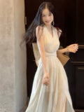 Seaside Holiday Red Hanging Neck Sling Dress Women's Early Summer New Beautiful Body-Clawed Beach Dress
