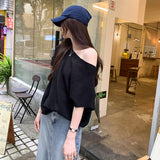 2026 Early Spring Korean Loose Lazy And Relaxed Bat Short-Sleeved Knitted Shirt Girl Into The Autumn Shoulder Inclined Shoulder