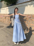 Gentle Style Temperament Blue Lattice Slinged Skirt Women's Summer New French High-End Waist Dress