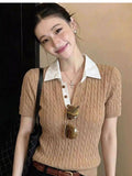 French Polo Collar Cassette Knitted Short-Sleeved T-Shirt Women 2026 Spring Leisure Temperament Shoulder Small Top