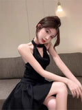 Sexy Pure Lust Black Sleeveless Hanging Neck Dress Women Summer Waist Temperament Design Small Thin Short Skirt