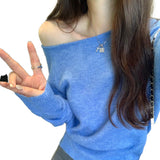 2026 Early Spring Gentle Wind Side-Slope Shoulder-Shaped Collar Wool Knitted Sweater Women Autumn And Winter On The Waist