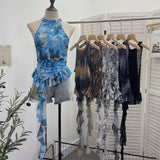 Trend Irregular Hanging Neck Dyeing Net Yarn Vest Lotus Side Ribbon Short Sleeveless Top 9969