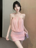 Holiday Style Solid Color High-End Hanging Neck Mesh Yarn Splicing Dress Women Summer Waist Sexy Hot Girl Ass Skirt