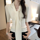 2026 Early Spring Shopping Mall V-Neck Short-Sleeved Knitted Shirt Women's Spring And Summer Temperament Autumn Harvest Waist Thin Short-Sized Belt