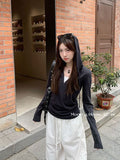 Miu Line Gray Fake Two-Piece Hooded Long-Sleeved T-Shirt Girl Early Autumn And Winter Design Sense Half Zipper Repair Bottom Shirt Top