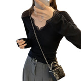 2025V Lace Splicing Temperament Long-Sleeved Knitting Bottom Shirt Women Autumn And Winter Korean Koi Special To The Top
