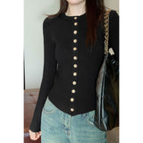 2026 Early Spring Ferrous Black Metal Buckle Round-Neck Long-Sleeved T-Shirt Femininity New Round-Neck Knitted Shirt