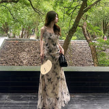 Clear Cold Water Ink Butterfly Sling Dress Women 2026 Summer New French Chic Body-Repair Temperament Long Dress