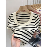 Striped Knitted Short Sleeve Fresh Sweet Simple Design Small Top Lady 2025 Summer New Fashion