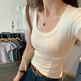 Korean Shoulder-To-Shoulder U-Necked With A Bottom Shirt Short-Sleeved T-Shirt For Women's Summer 2025 European Explosive Design Top