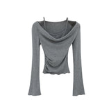 Real Shooting Picture Fake Two Slings A Word Shoulder Folded Shoulder Long-Sleeved T-Shirt Early Autumn New Korean Short Top