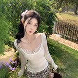 Pure-Style Sexy Hot Girl Square Collar Hollow Knitted Jersey Design Folded Lace Slings Inside The Top