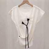 Spring And Summer New Korean Version Of The Fashion Ocean Cross-Fold Waist Fold Three-Dimensional Flowers Knitted Short-Sleeved Top