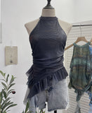 Trend Irregular Hanging Neck Dyeing Net Yarn Vest Lotus Side Ribbon Short Sleeveless Top 9969