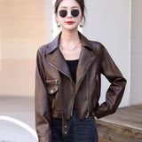 Vintage Black Leather Coat Women's Design Sense 2025 Autumn New Small PU Locomotive Leather Jacket Woman