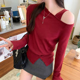 Single Special Oblique Shoulder Long-Sleeved Knitted Shirt Women's Autumn 2025 New Inner Sling Vest Stacked Two-Piece Top