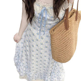 French Blue Floral Tie Sling Dress Dress Female Summer 2025 New Korean Wearing Sweet And Gentle Dress