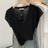 2026 Early Spring Direct Sale Lazy And Relaxed Feeling U Collar Knitted Shirt Women Set Up A Fashionable Short-Sleeved T-Shirt Summer
