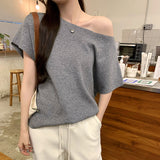 2026 Early Spring Korean Loose Lazy And Relaxed Bat Short-Sleeved Knitted Shirt Girl Into The Autumn Shoulder Inclined Shoulder